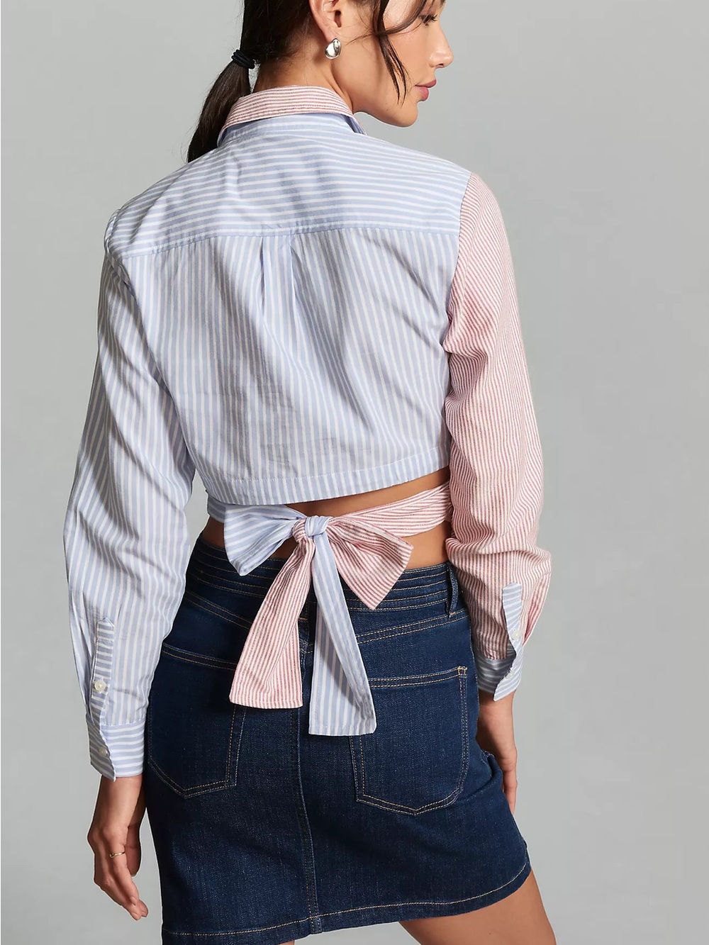 Maeve Two-Tone Striped Wrap Button-Down Shirt - Red & Light Blue Size S - Picture 2 of 10
